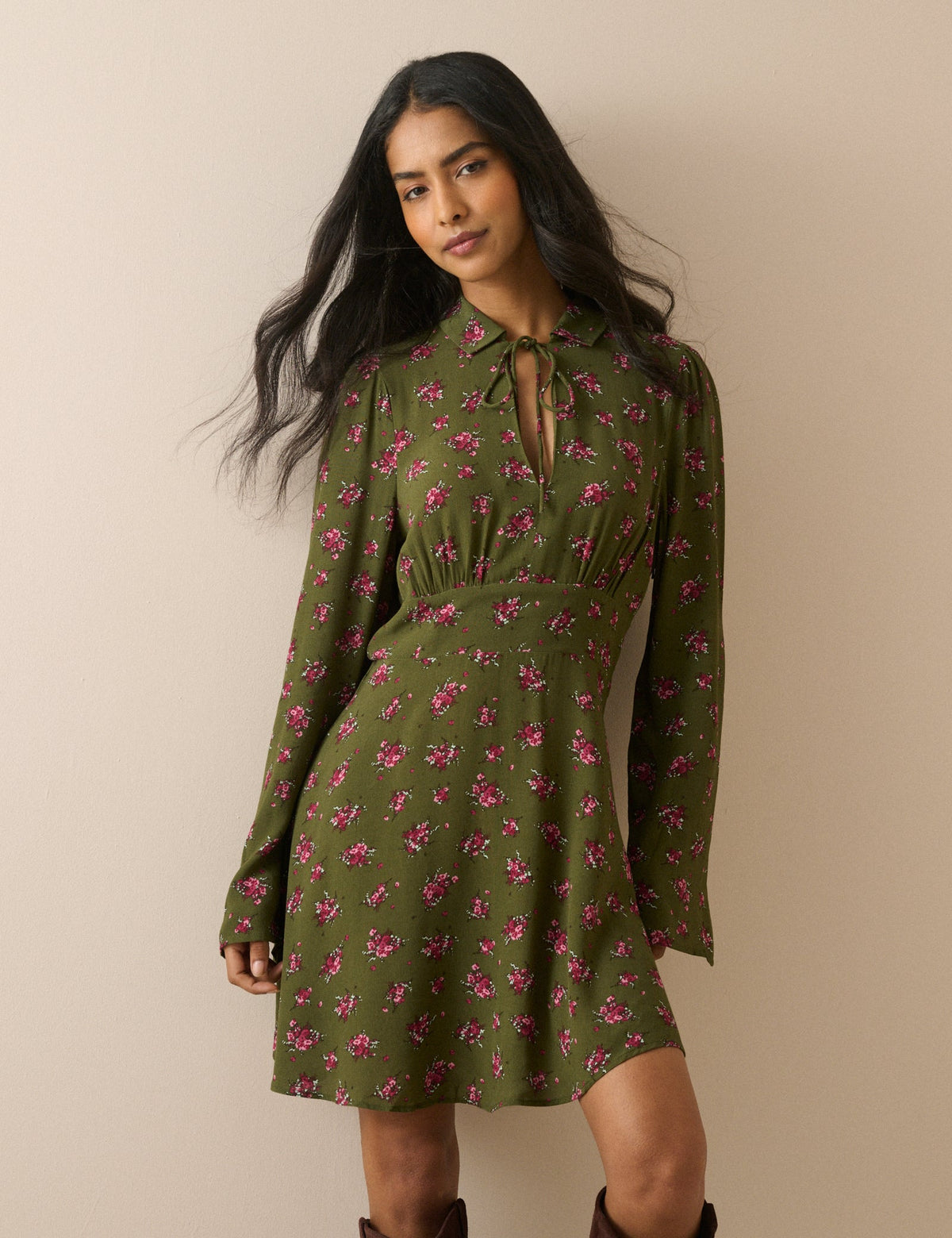 Khaki Floral Tie Front Moxie Mini Dress