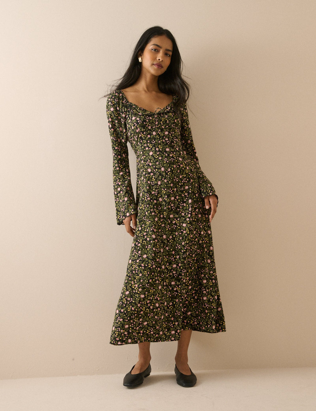 Green Floral Scallop Edge Lyon Midi Dress