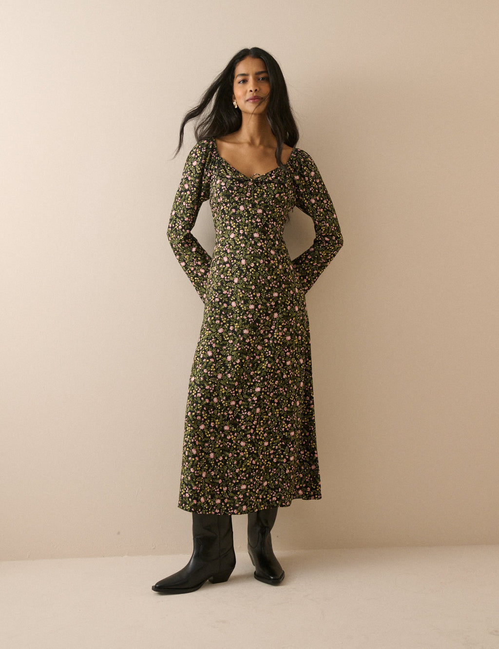 Green Floral Scallop Edge Lyon Midi Dress