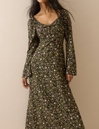 Green Floral Scallop Edge Lyon Midi Dress
