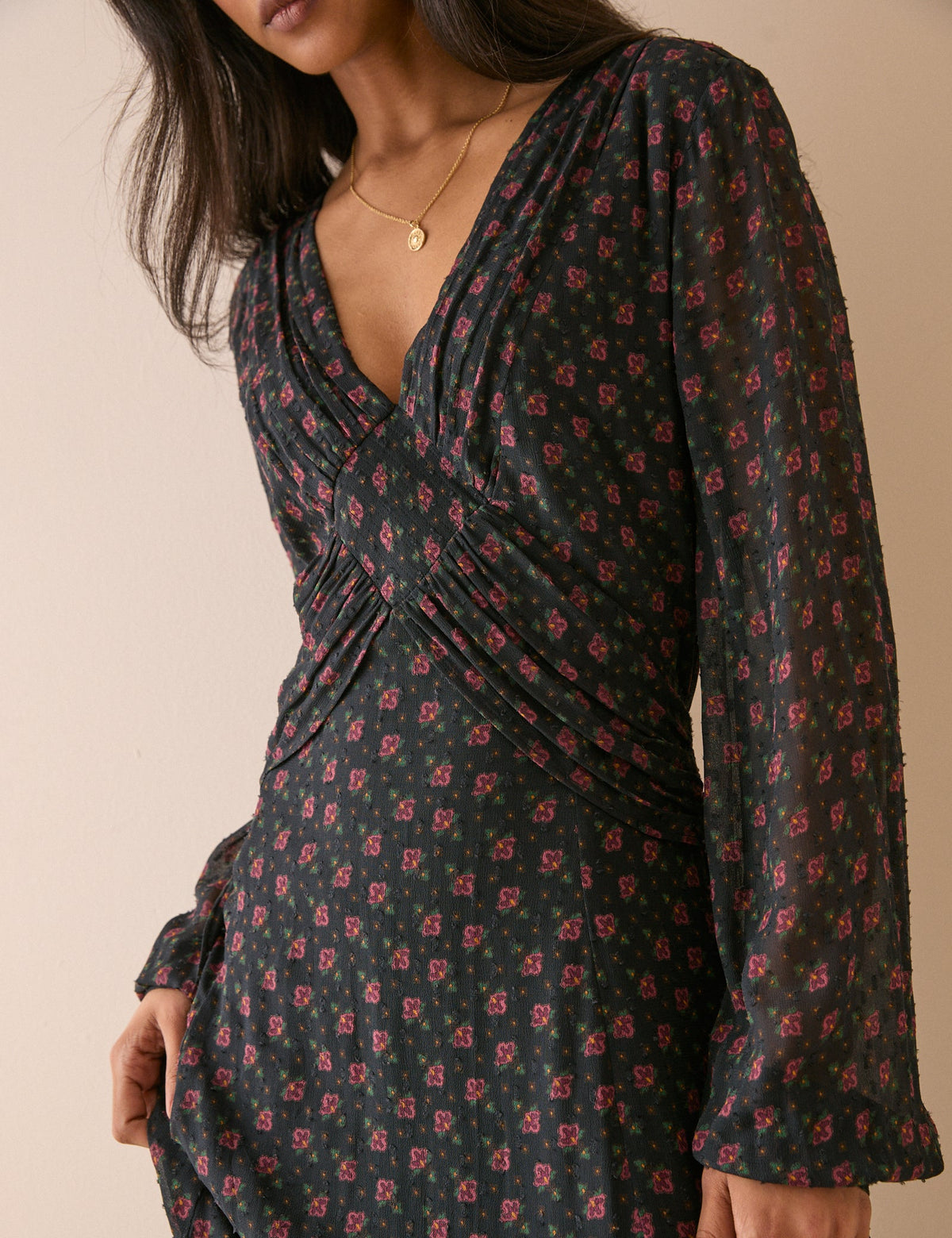 Black Floral Ruched Ines Maxi Dress