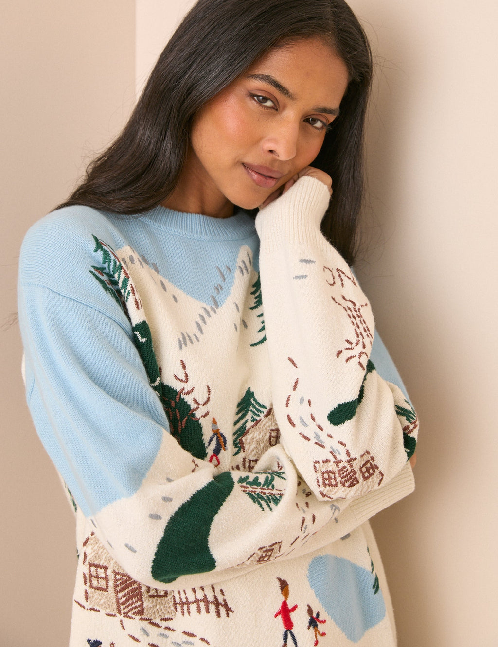 Blue and White Festive Wool-Blend Jumper
