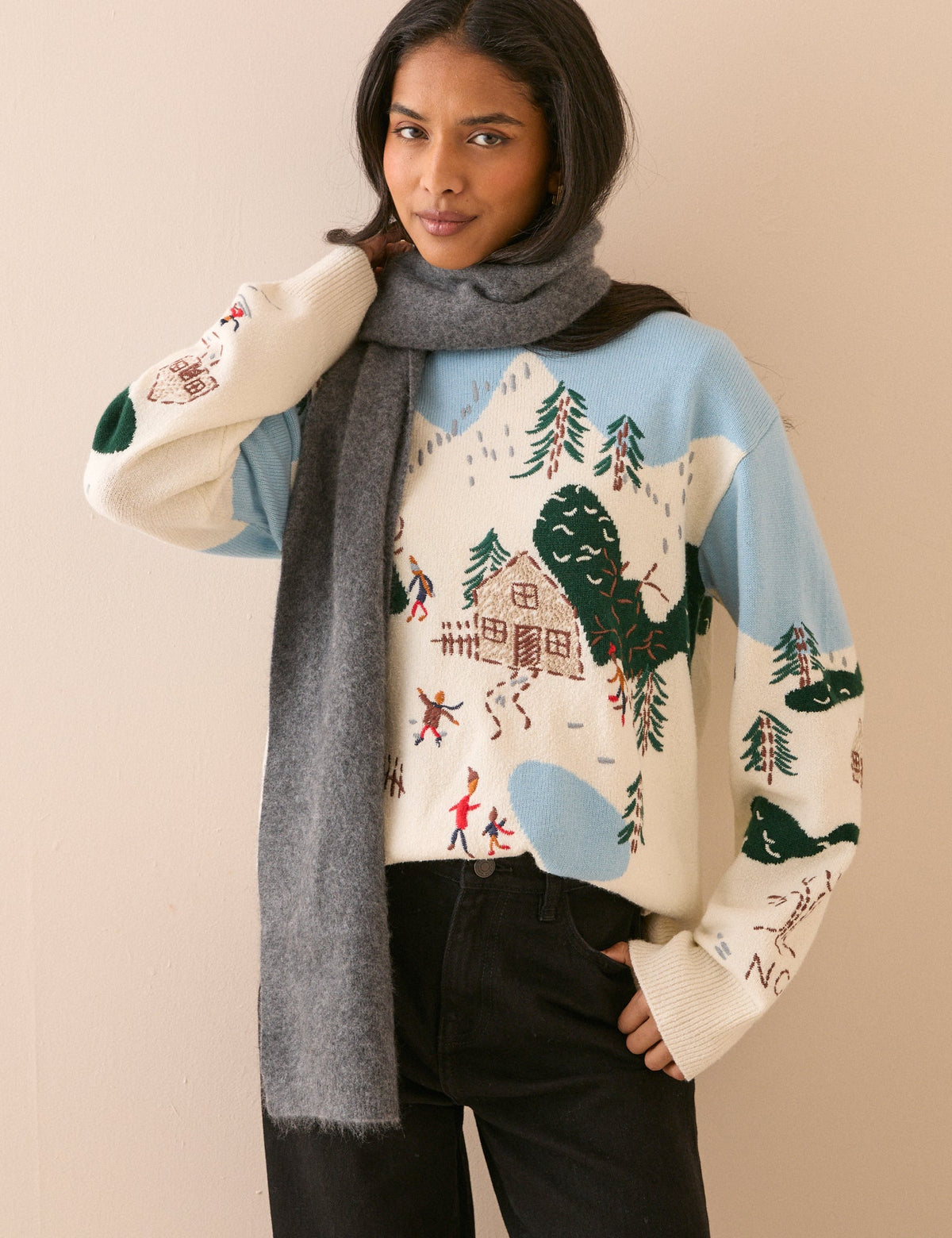 Blue and White Festive Wool-Blend Jumper