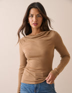 Camel Merino Wool Draped Boat Neck Long Sleeve Top