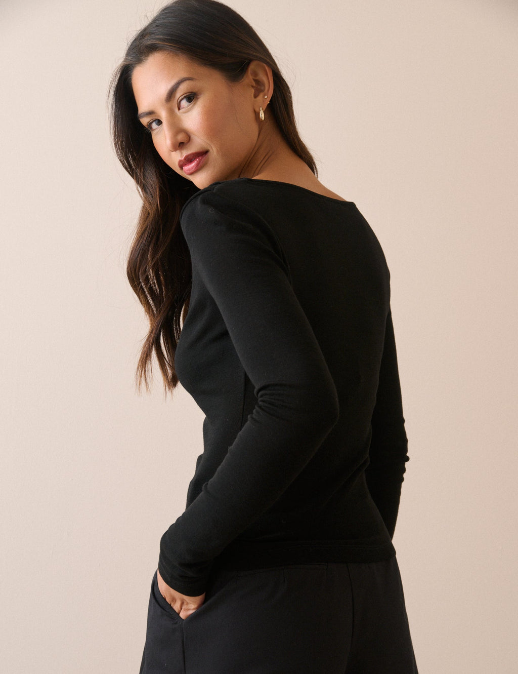 Black Merino Wool Draped Boat Neck Top