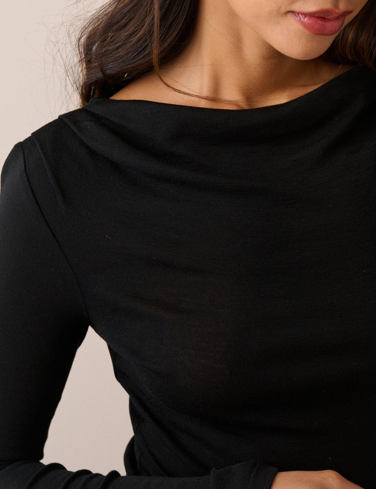 Black Merino Wool Draped Boat Neck Top