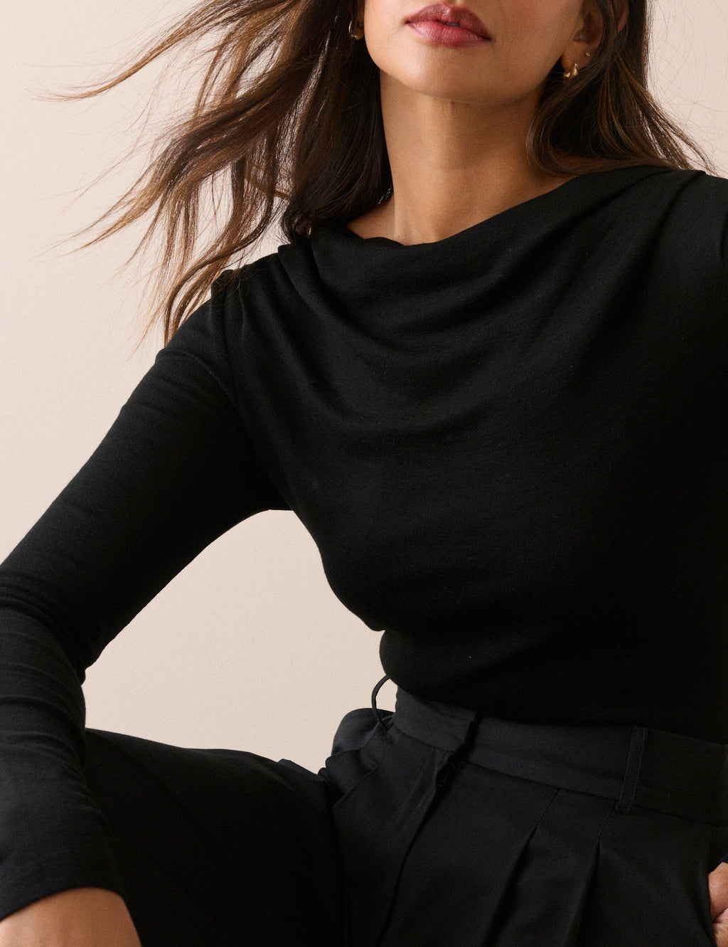 Black Merino Wool Draped Boat Neck Top