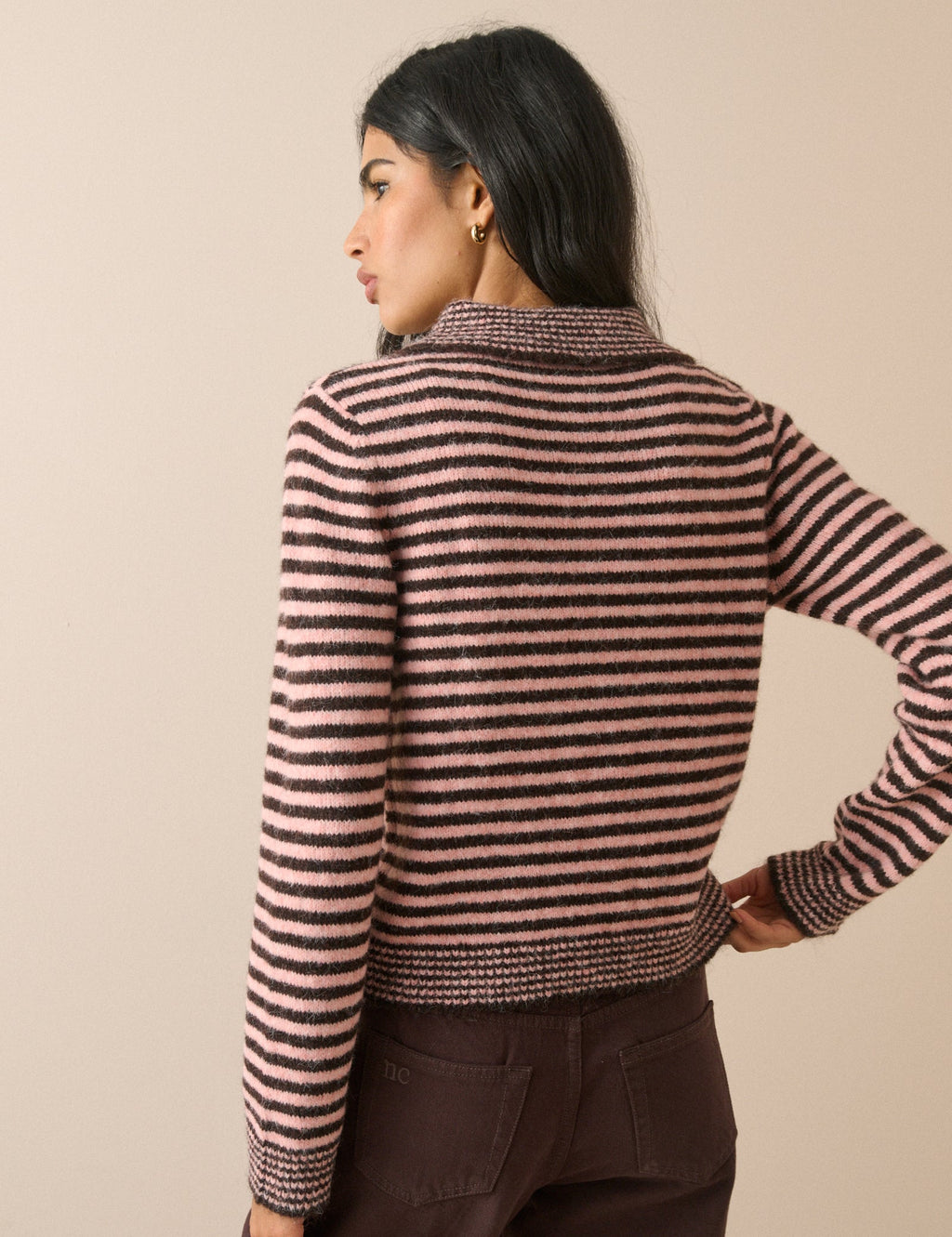 Pink and Brown Striped Collared Cardigan