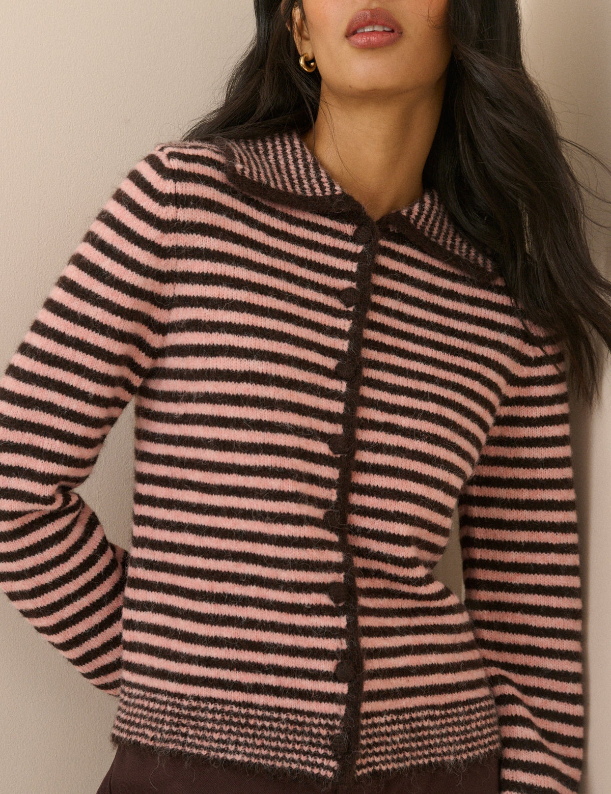 Pink and Brown Striped Collared Cardigan
