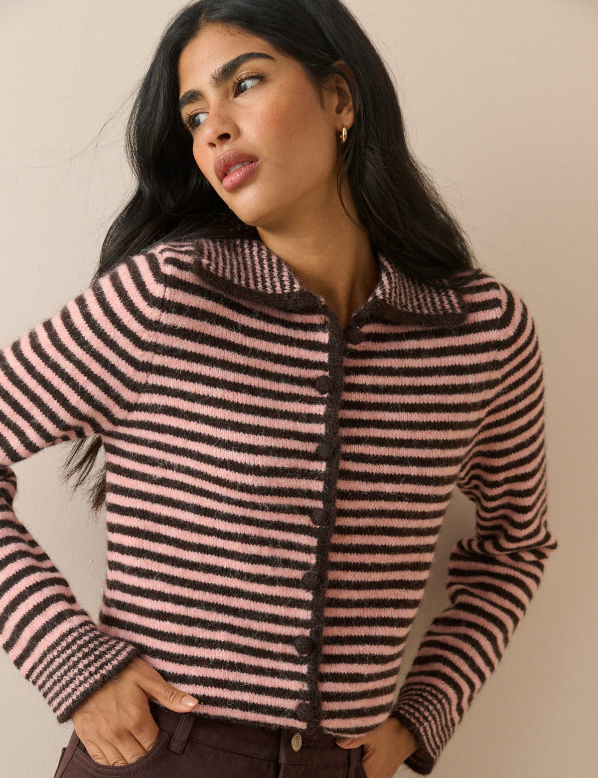 Pink and Brown Striped Collared Cardigan