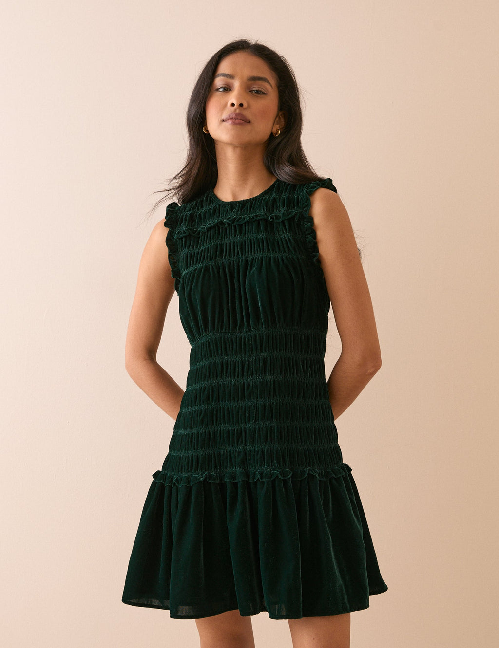 Green Drop Waist Velvet Rana Mini Dress