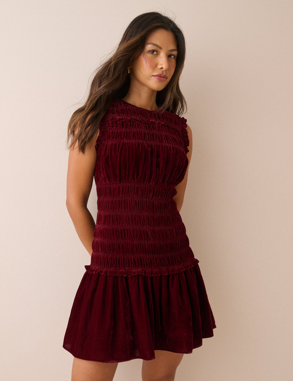 Burgundy Drop Waist Velvet Rana Mini Dress