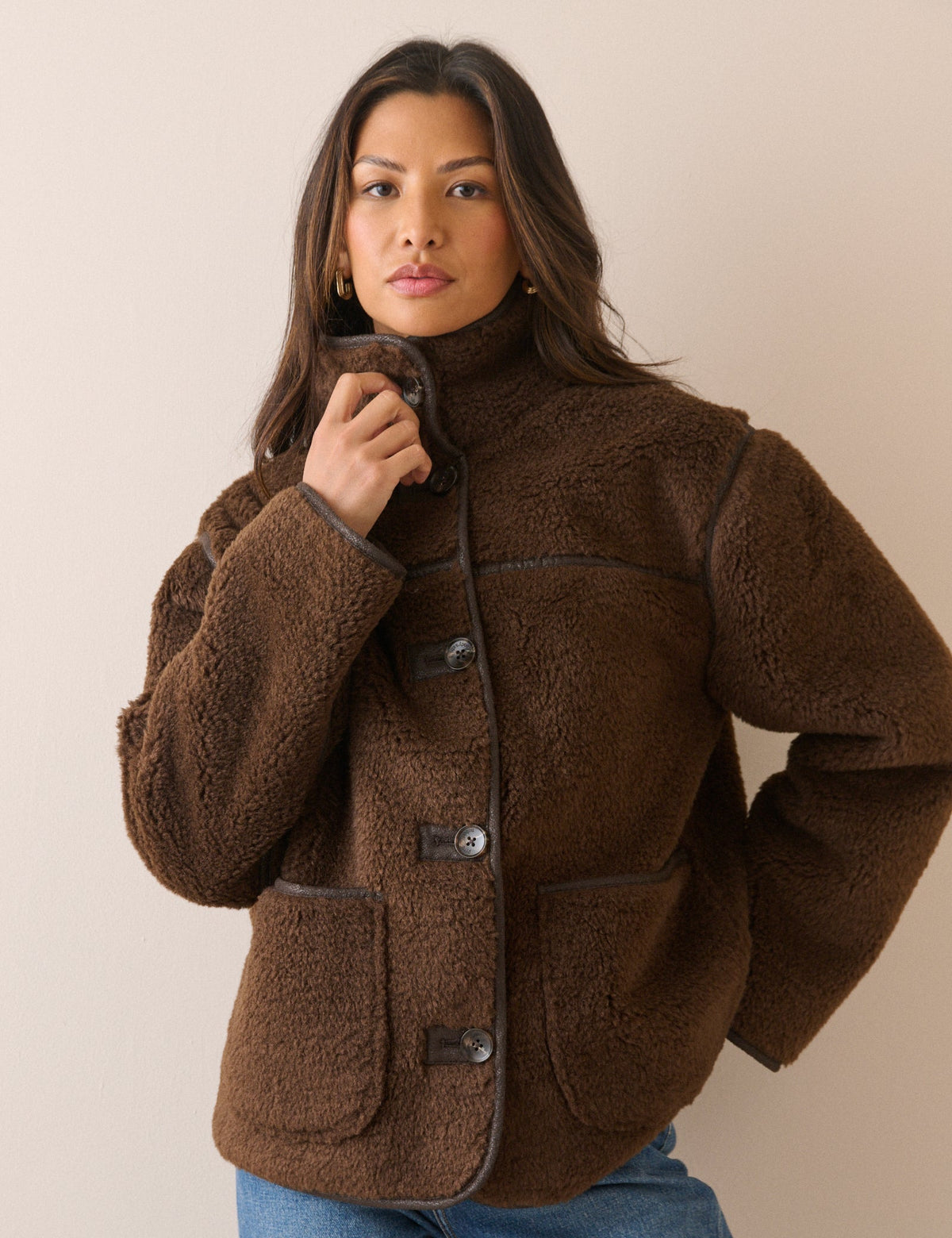 Brown Funnel Neck Faux Shearling Coat