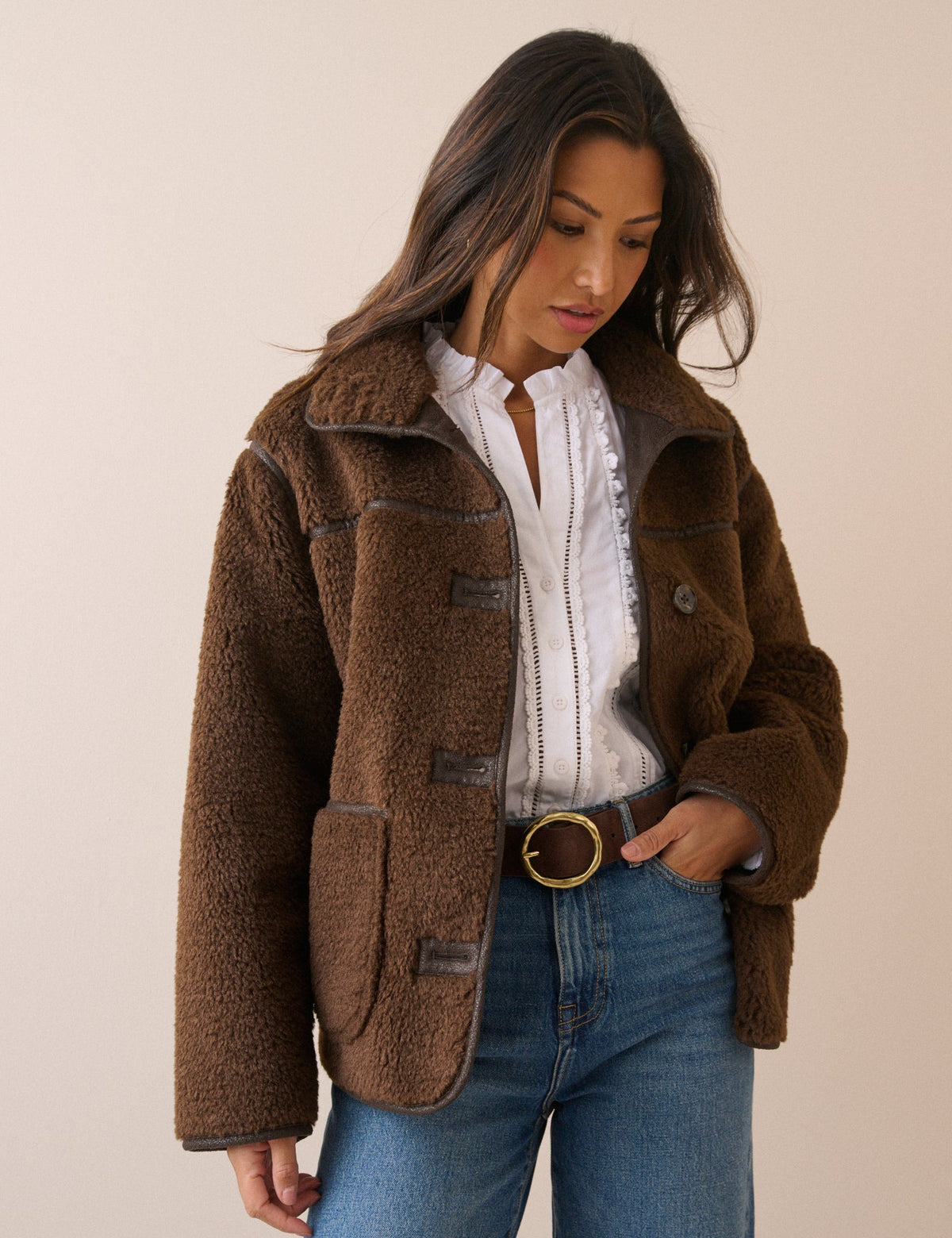 Brown Funnel Neck Faux Shearling Coat