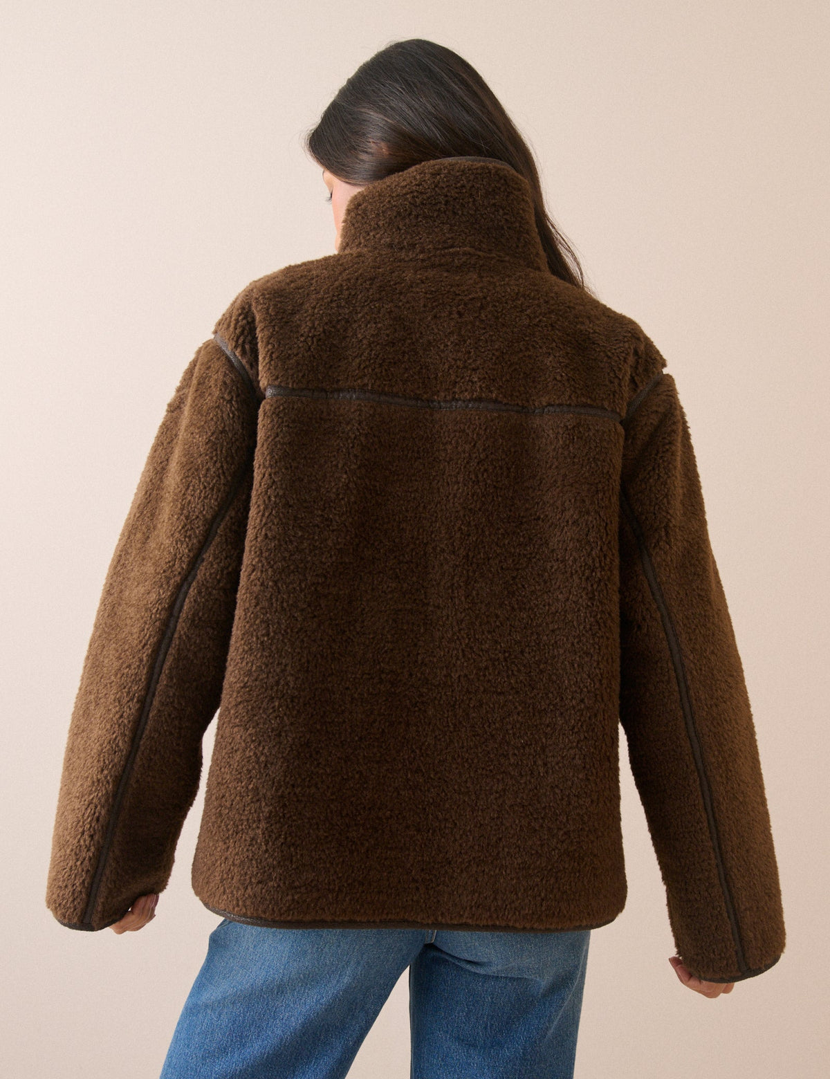 Brown Funnel Neck Faux Shearling Coat