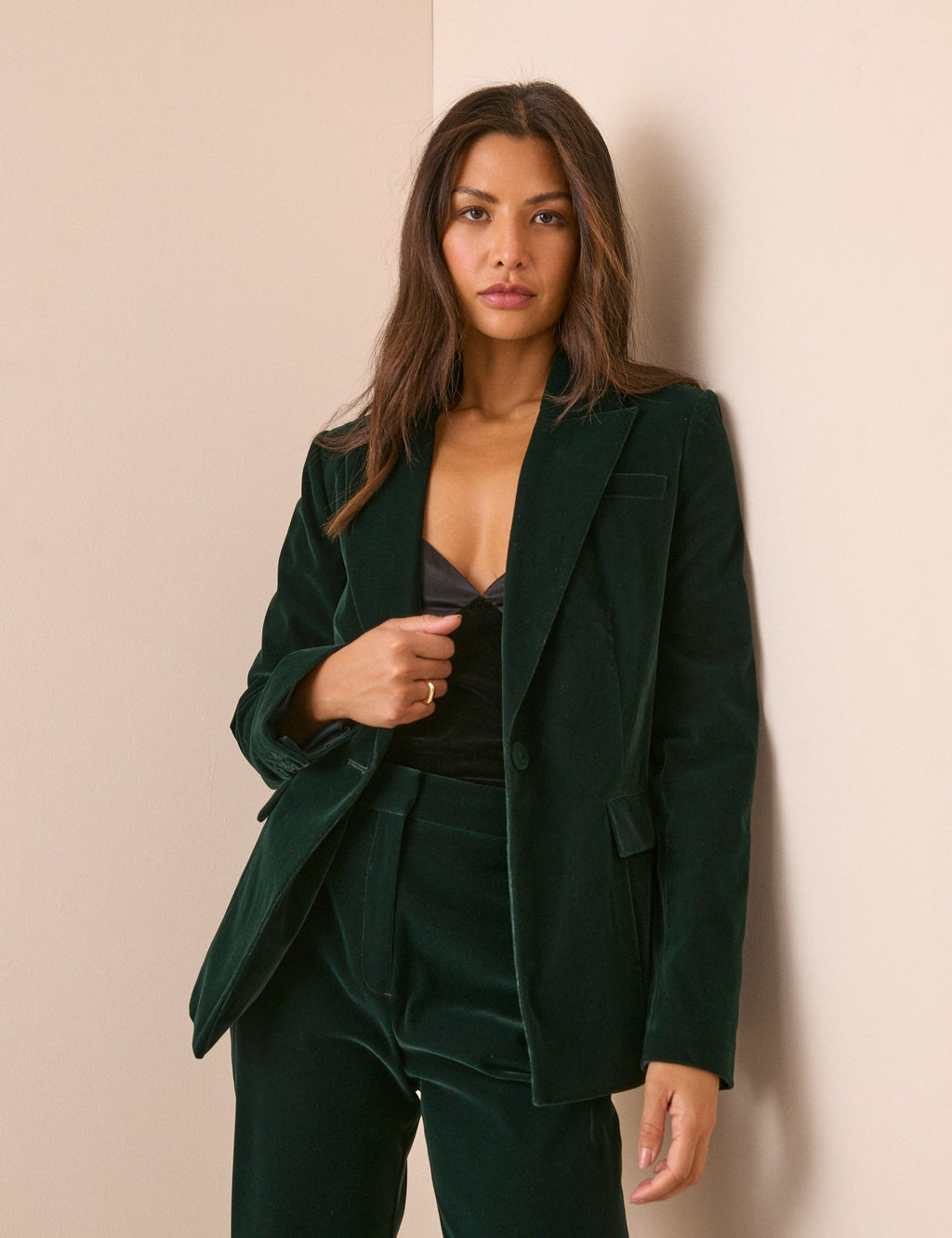 Green Single Breasted Velvet Blazer
