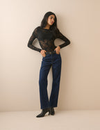 Black Floral Lace Ruched Top