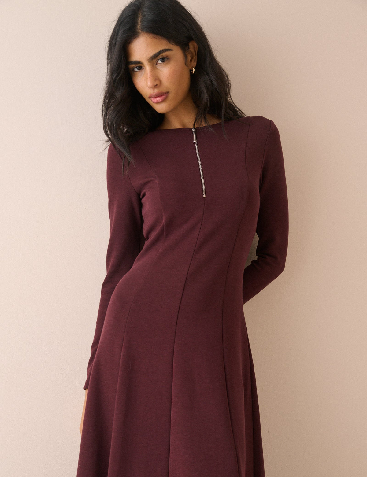 Burgundy Zip Neck Sutton Midi Dress