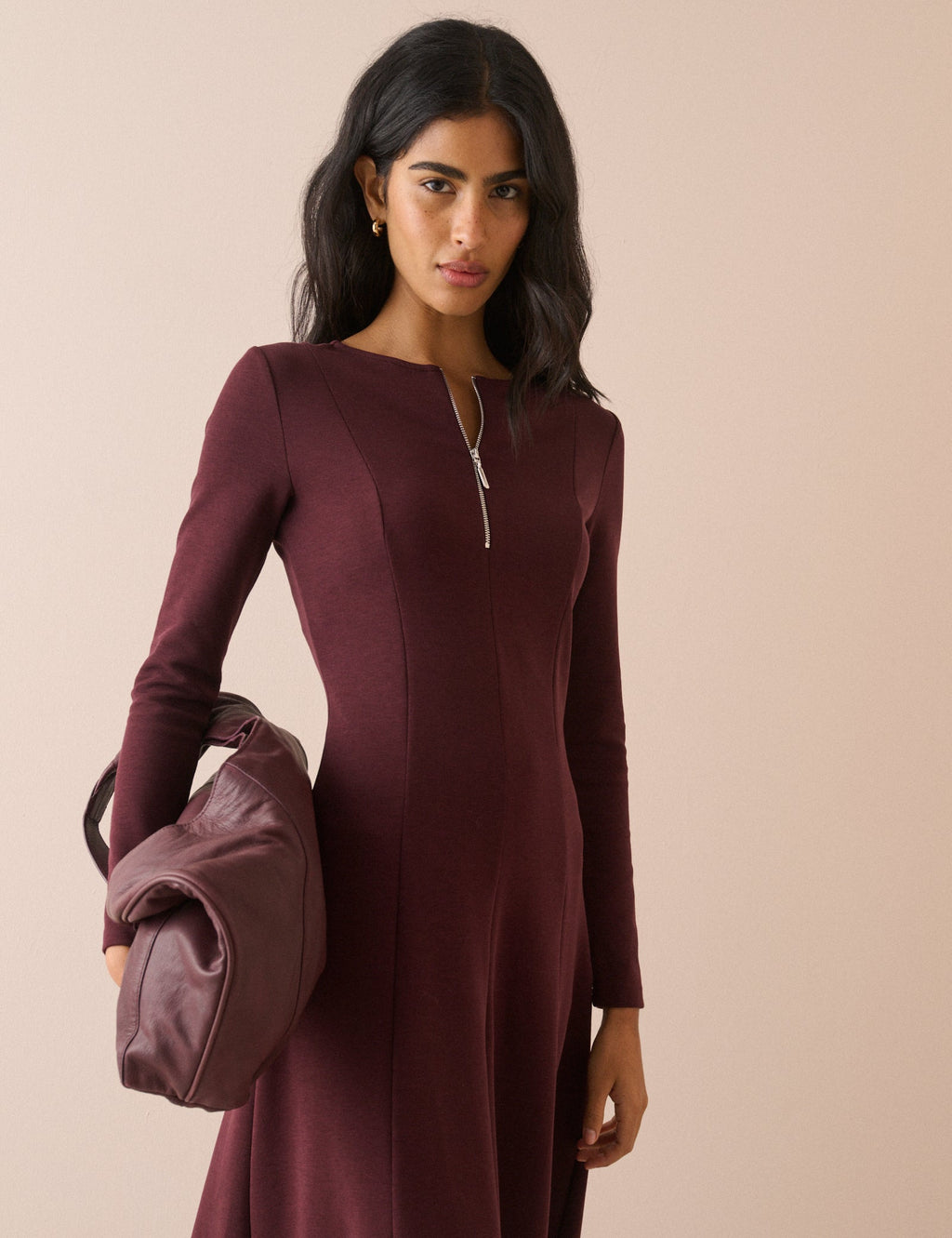 Burgundy Zip Neck Sutton Midi Dress