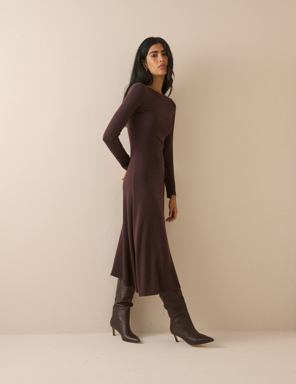 Brown Boat Neck Bronte Midi Dress