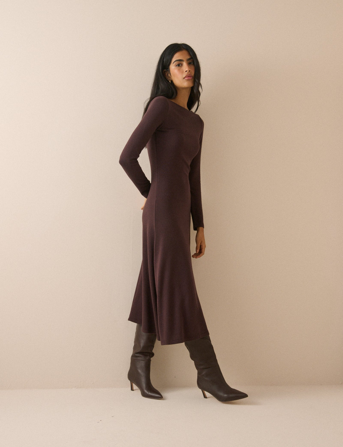 Brown Boat Neck Bronte Midi Dress