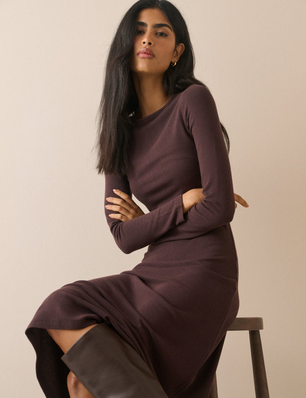 Brown Boat Neck Bronte Midi Dress