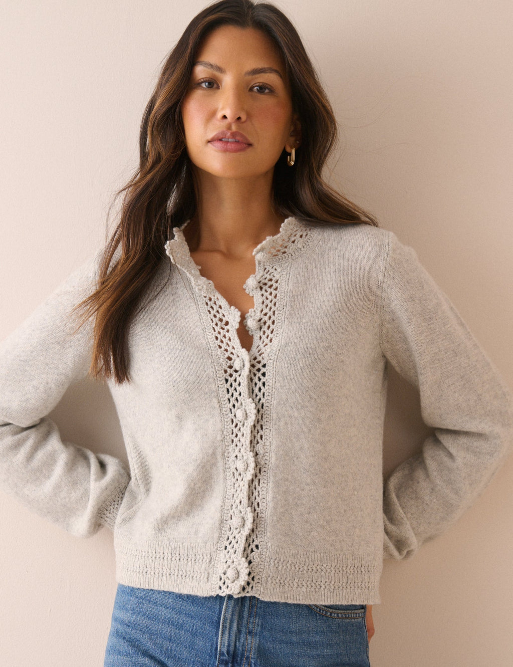 Grey Wool-Blend Crochet Trim Crew Neck Cardigan