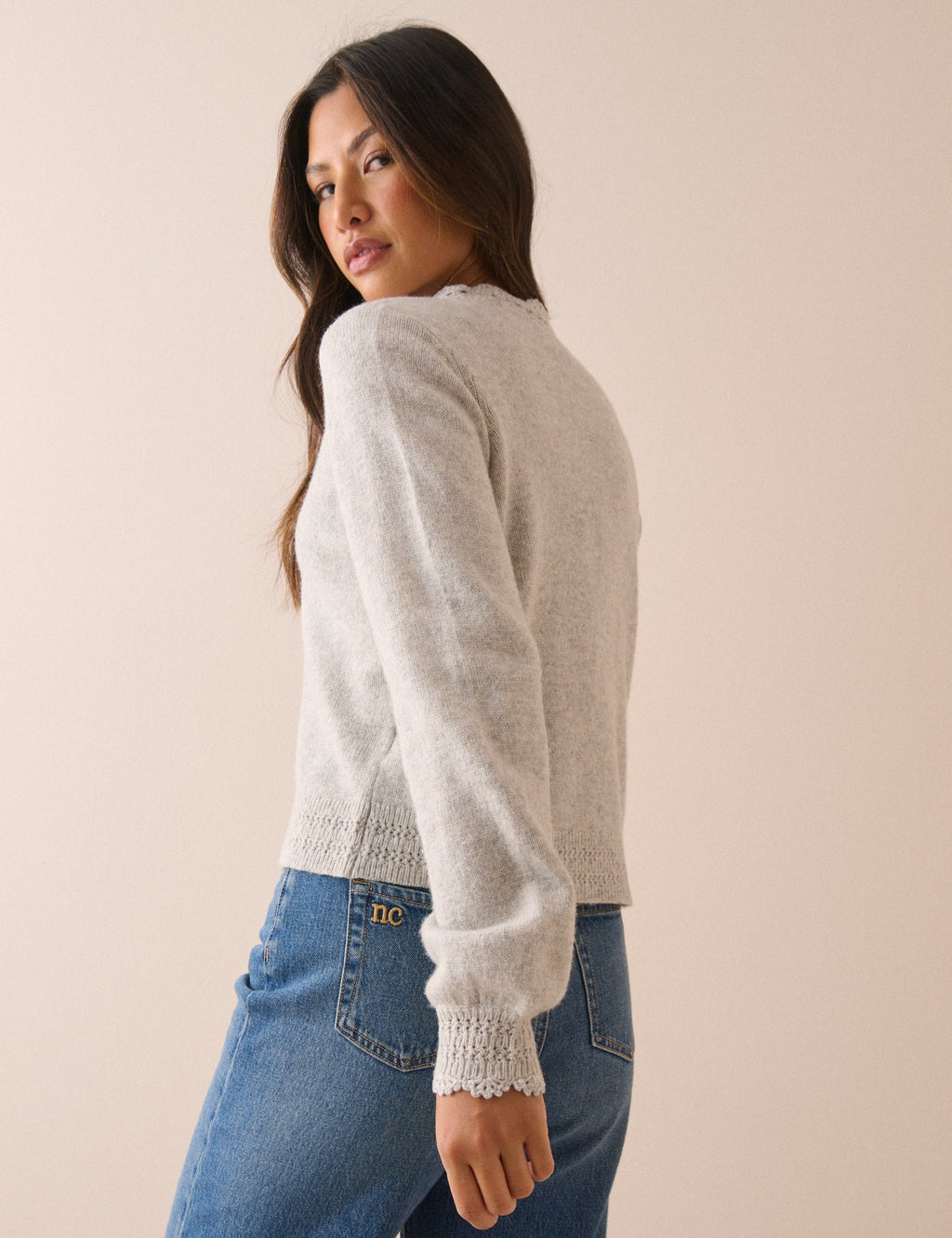 Grey Wool-Blend Crochet Trim Crew Neck Cardigan