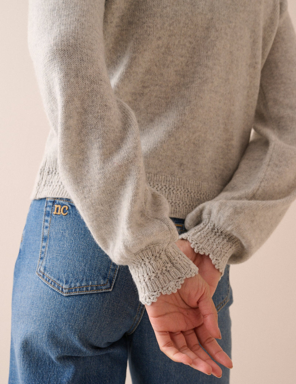 Grey Wool-Blend Crochet Trim Crew Neck Cardigan