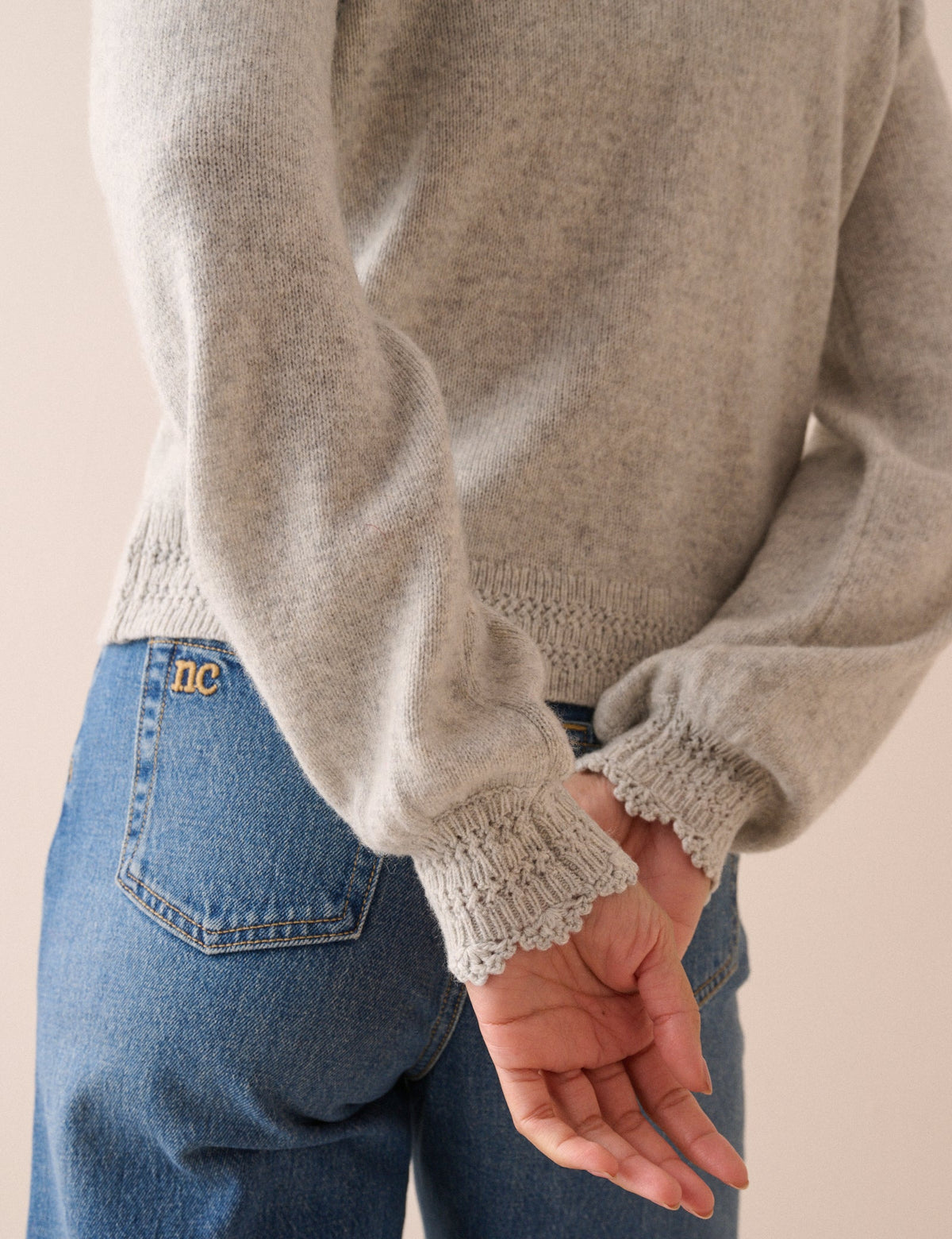 Grey Wool-Blend Crochet Trim Crew Neck Cardigan