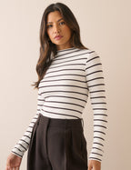Brown and White Striped Ribbed Jersey Top