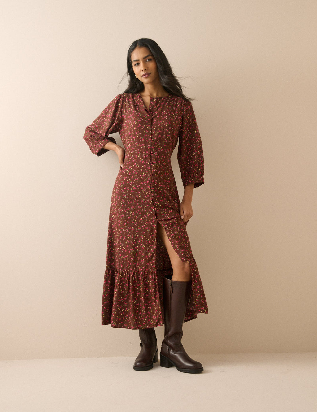 Brown and Red Ditsy Floral Half Sleeve Amara Midi Dress