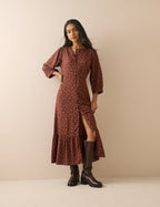 Brown and Red Ditsy Floral Half Sleeve Amara Midi Dress