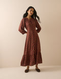 Brown and Red Ditsy Floral Half Sleeve Amara Midi Dress
