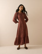 Brown and Red Ditsy Floral Half Sleeve Amara Midi Dress