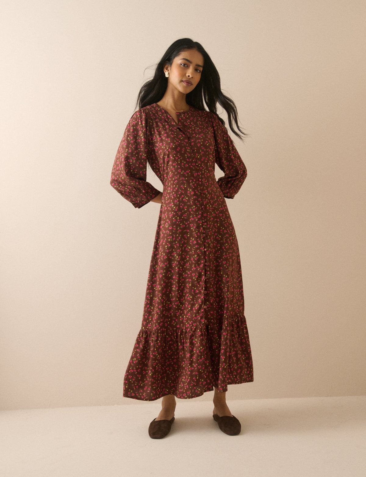 Brown and Red Ditsy Floral Half Sleeve Amara Midi Dress
