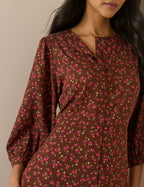Brown and Red Ditsy Floral Half Sleeve Amara Midi Dress