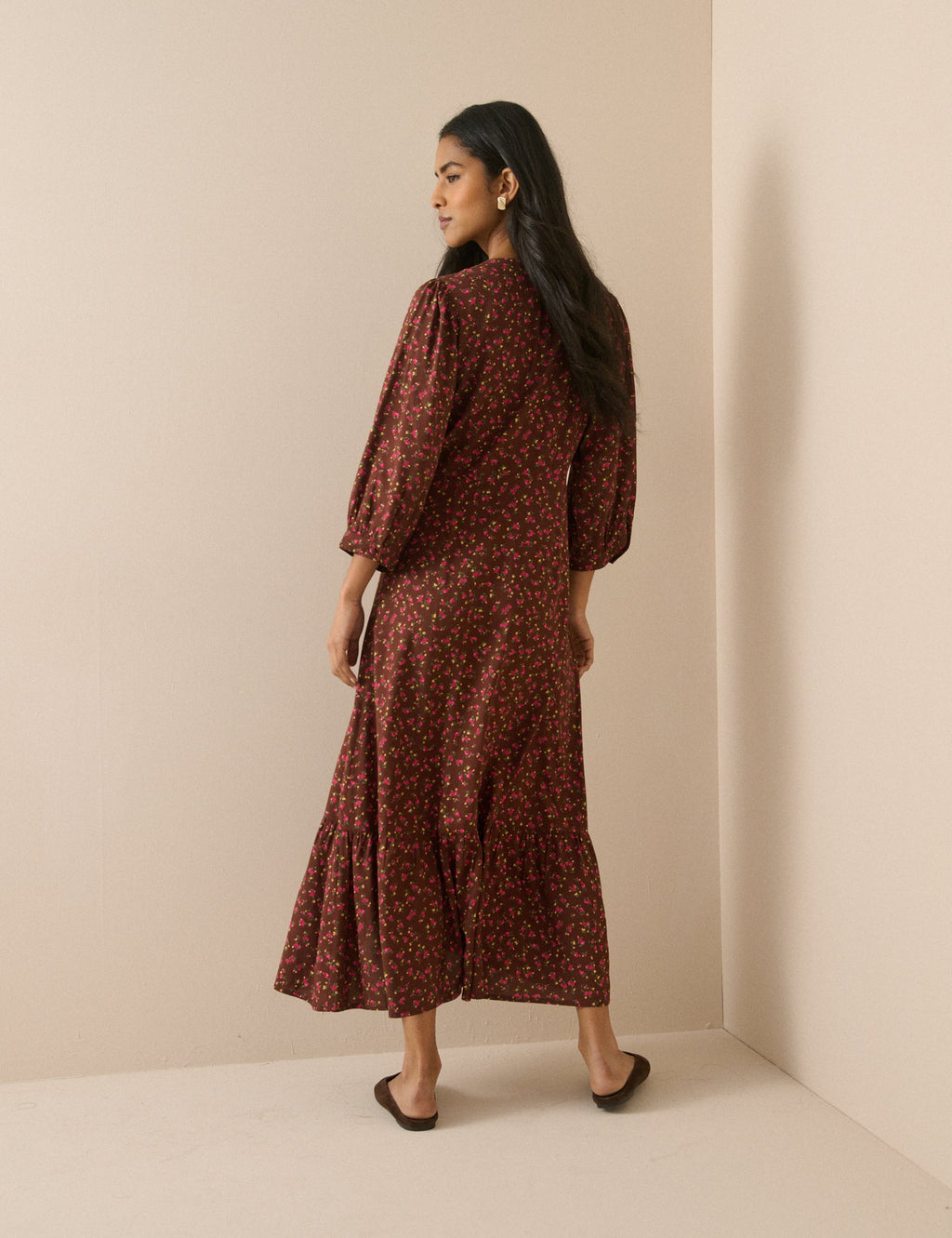 Brown and Red Ditsy Floral Half Sleeve Amara Midi Dress