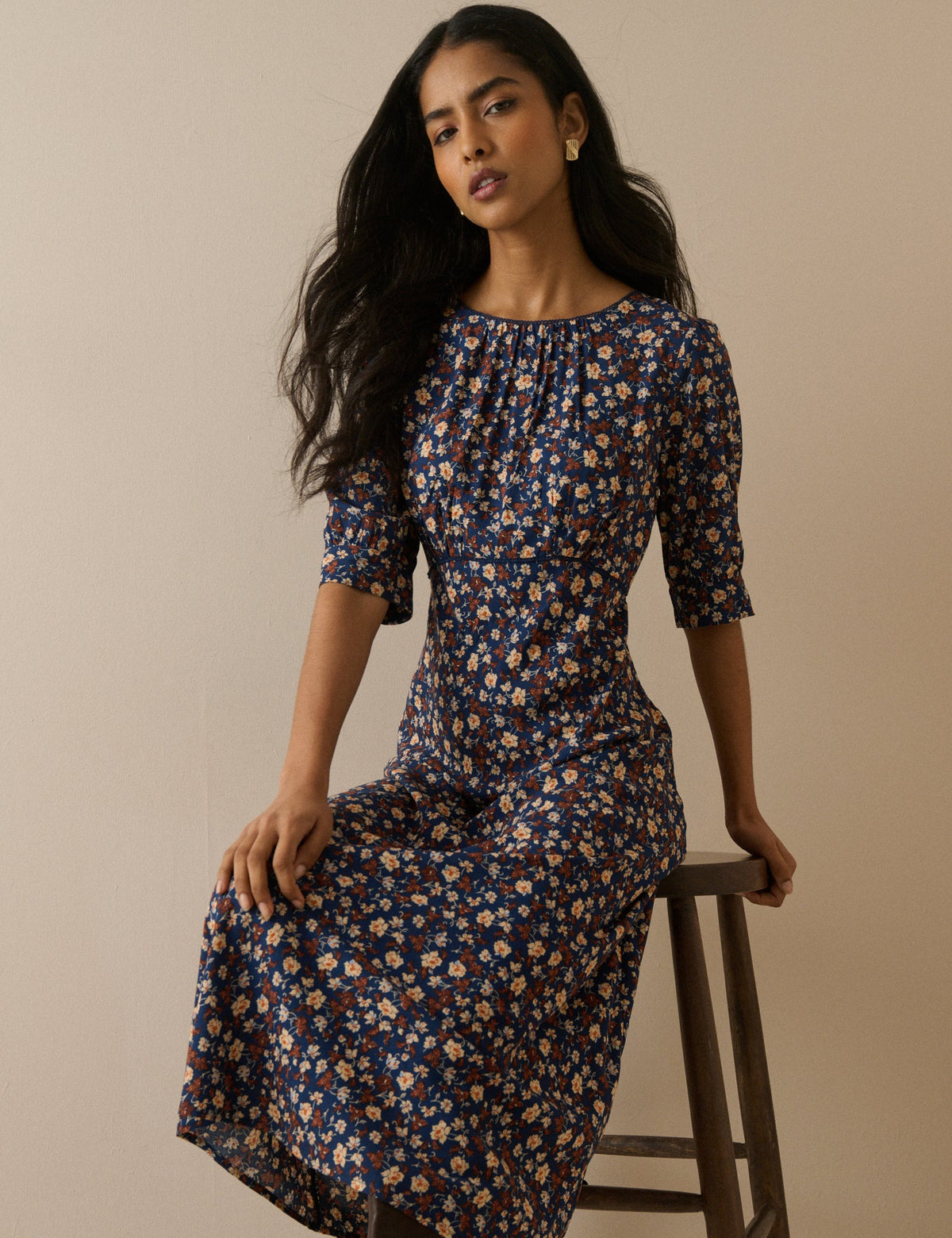 Blue Ditsy Floral Half Sleeve Sicily Midi Dress