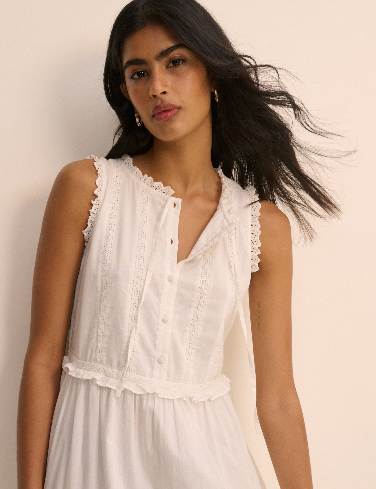 White Ruffle Trim Tiered Penelope Midi Dress