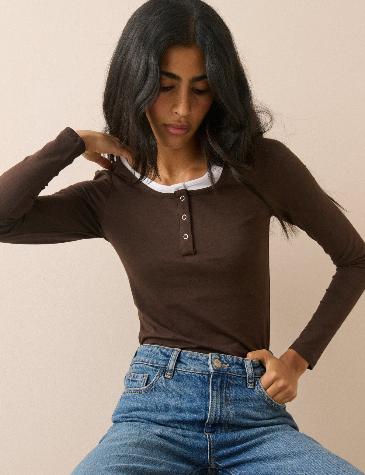 Brown Double Layer Henley Top