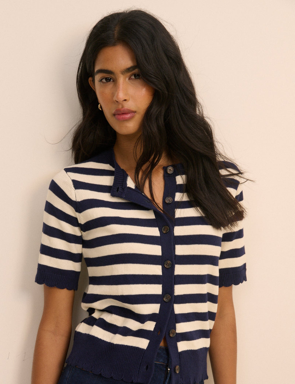 Navy and Cream Stripe Short Sleeve Cardigan