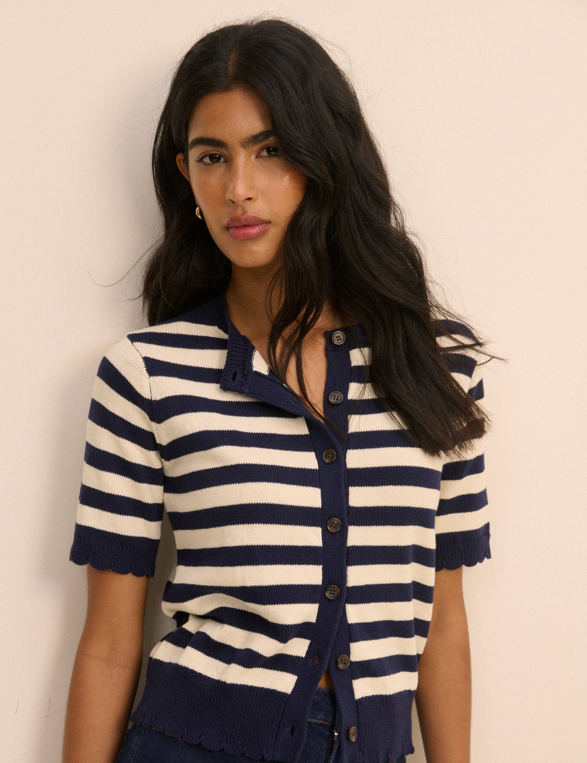 Navy and Cream Stripe Short Sleeve Cardigan
