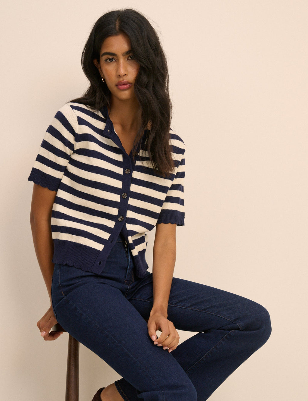 Navy and Cream Stripe Short Sleeve Cardigan