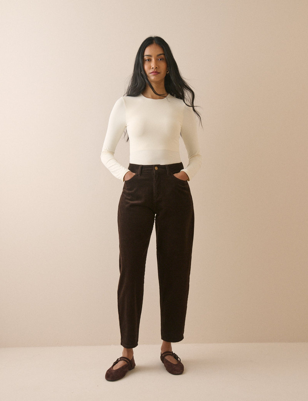 Chocolate Brown Cord High Rise Putney Barrel Leg Jeans