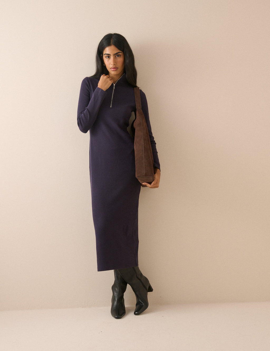 Navy Jersey Funnel Neck Finley Midi Dress