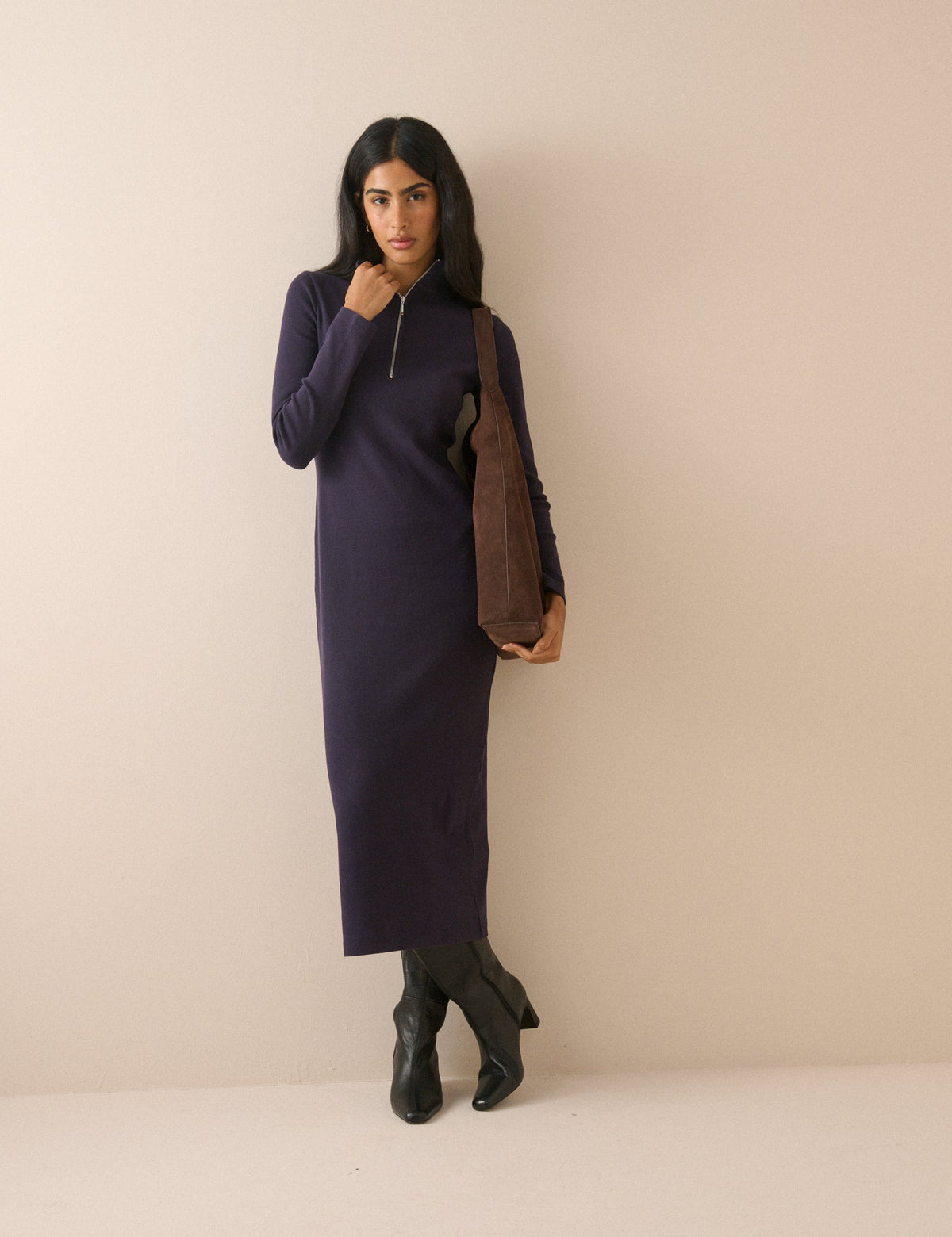 Navy Jersey Funnel Neck Finley Midi Dress