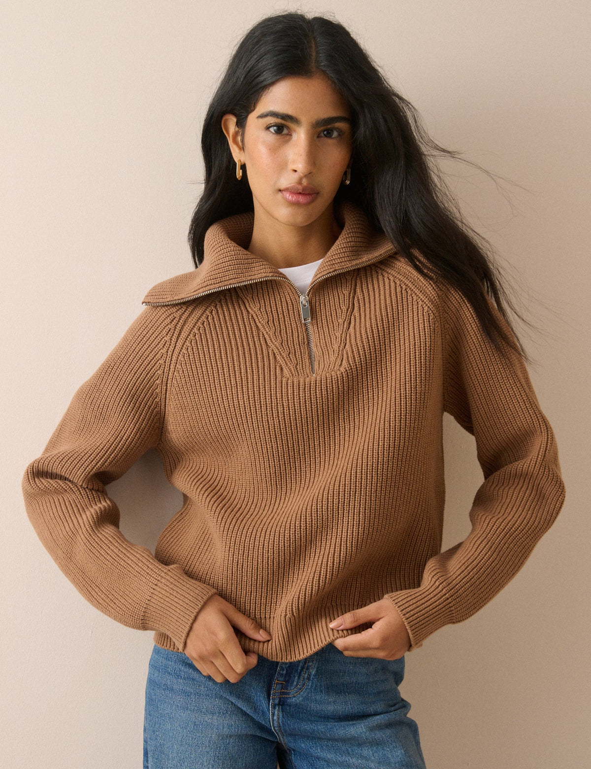 Brown Ribbed Half Zip Jumper