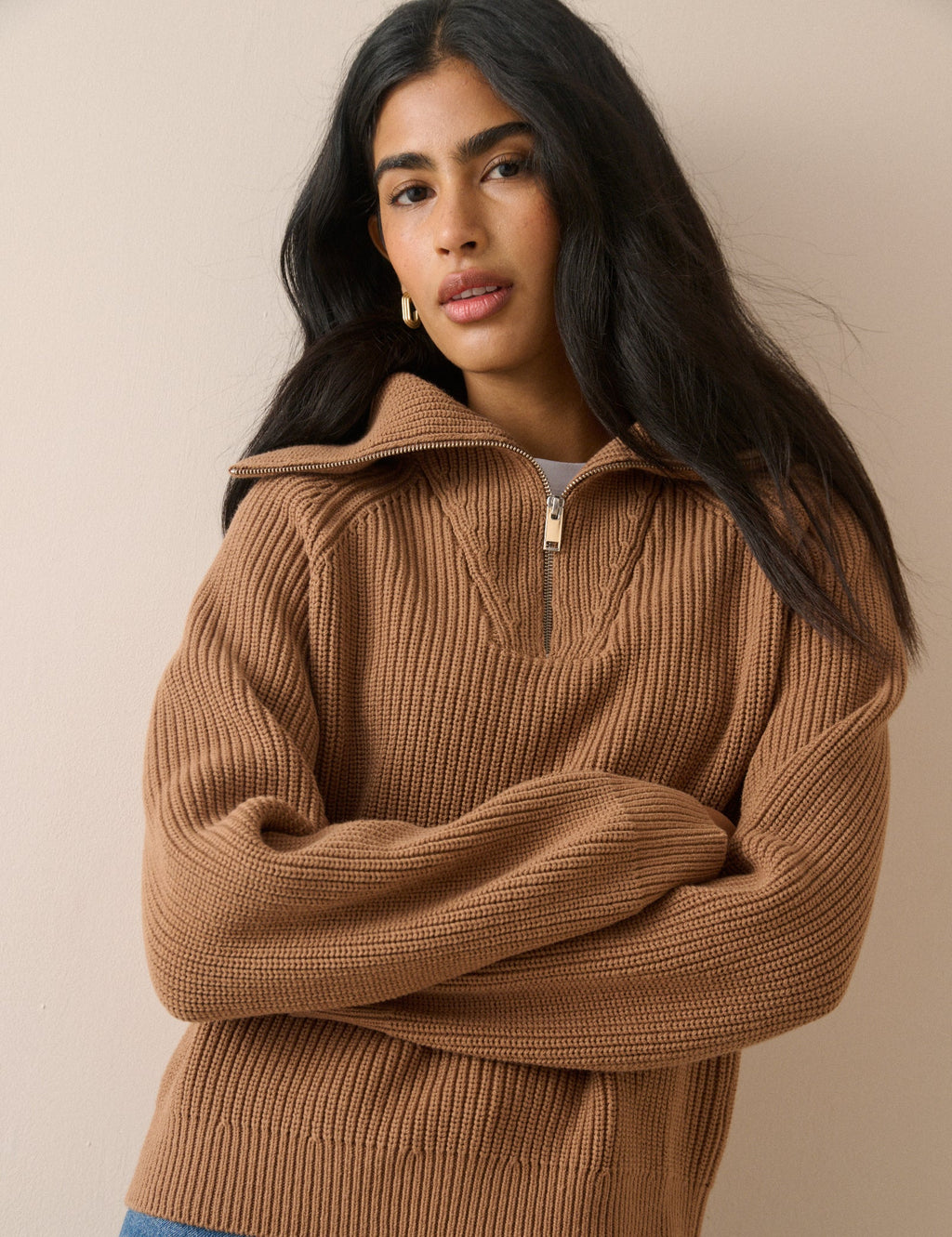 Brown Ribbed Half Zip Jumper