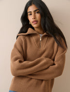 Brown Ribbed Half Zip Jumper